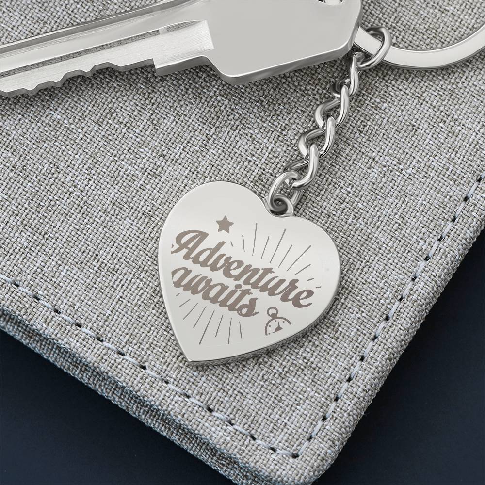Adventure Awaits Engraved Heart Keychain