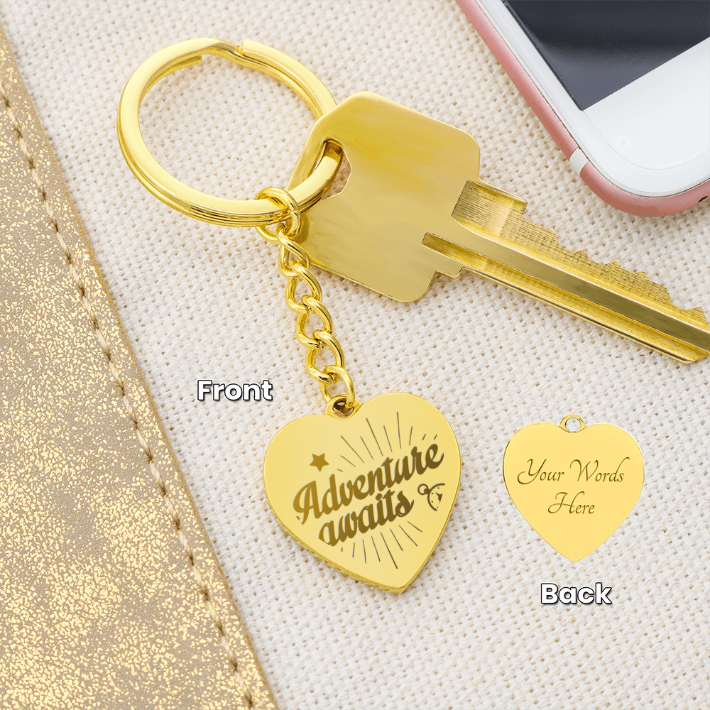 Adventure Awaits Engraved Heart Keychain