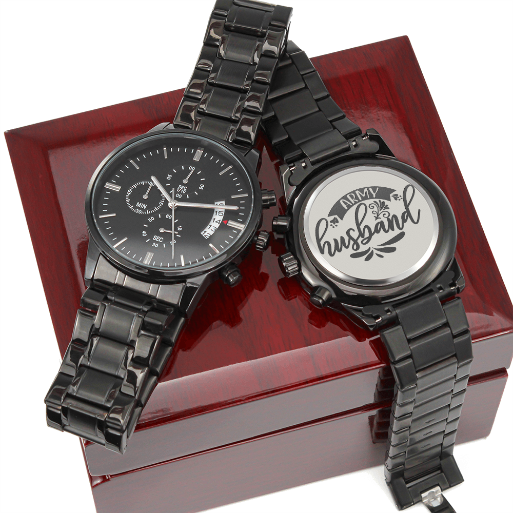 Army Husband Engraved Design Black Chronograph Watch