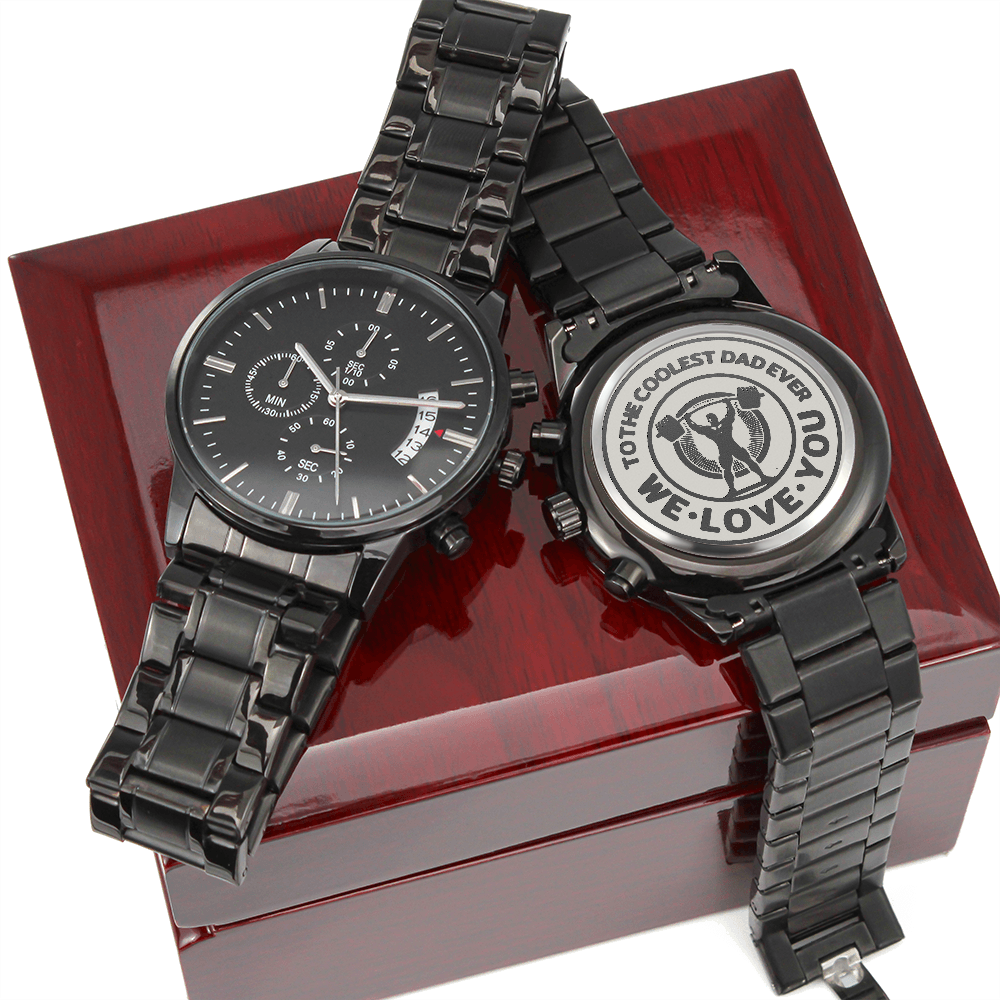 To the Coolest Dad Weightlifter Engraved Black Chronograph Watch