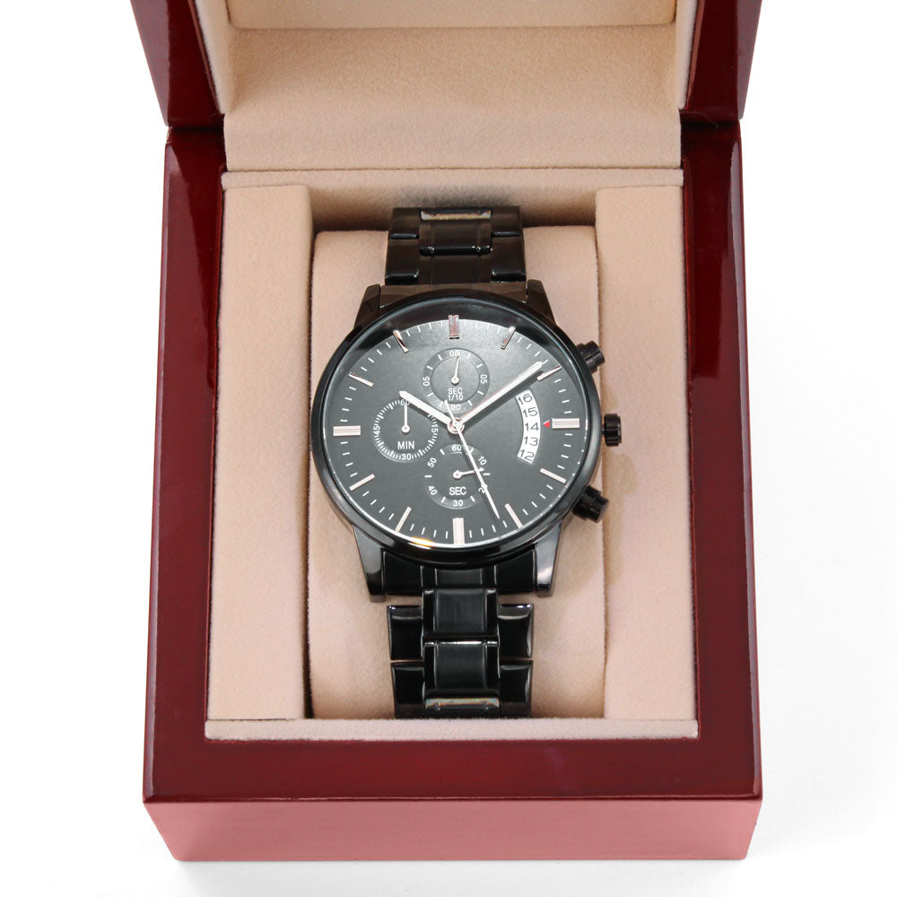 To the Coolest Dad Ever Firefighter Engraved Black Chronograph Watch