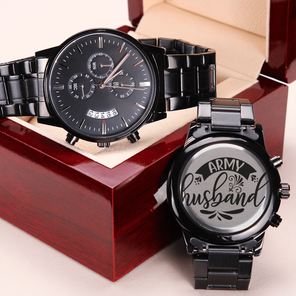 Army Husband Engraved Design Black Chronograph Watch