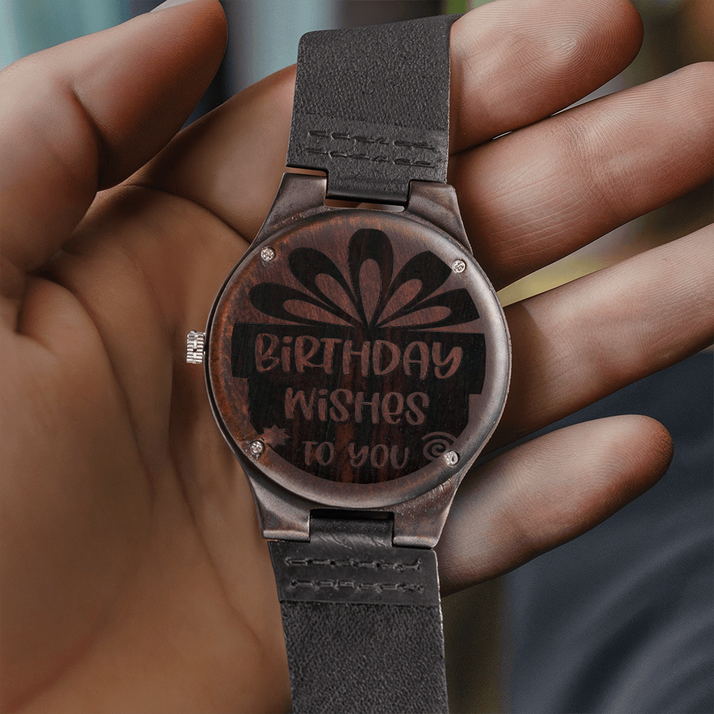 Birthday Wishes to You Engraved Wooden Watch with Leather Strap