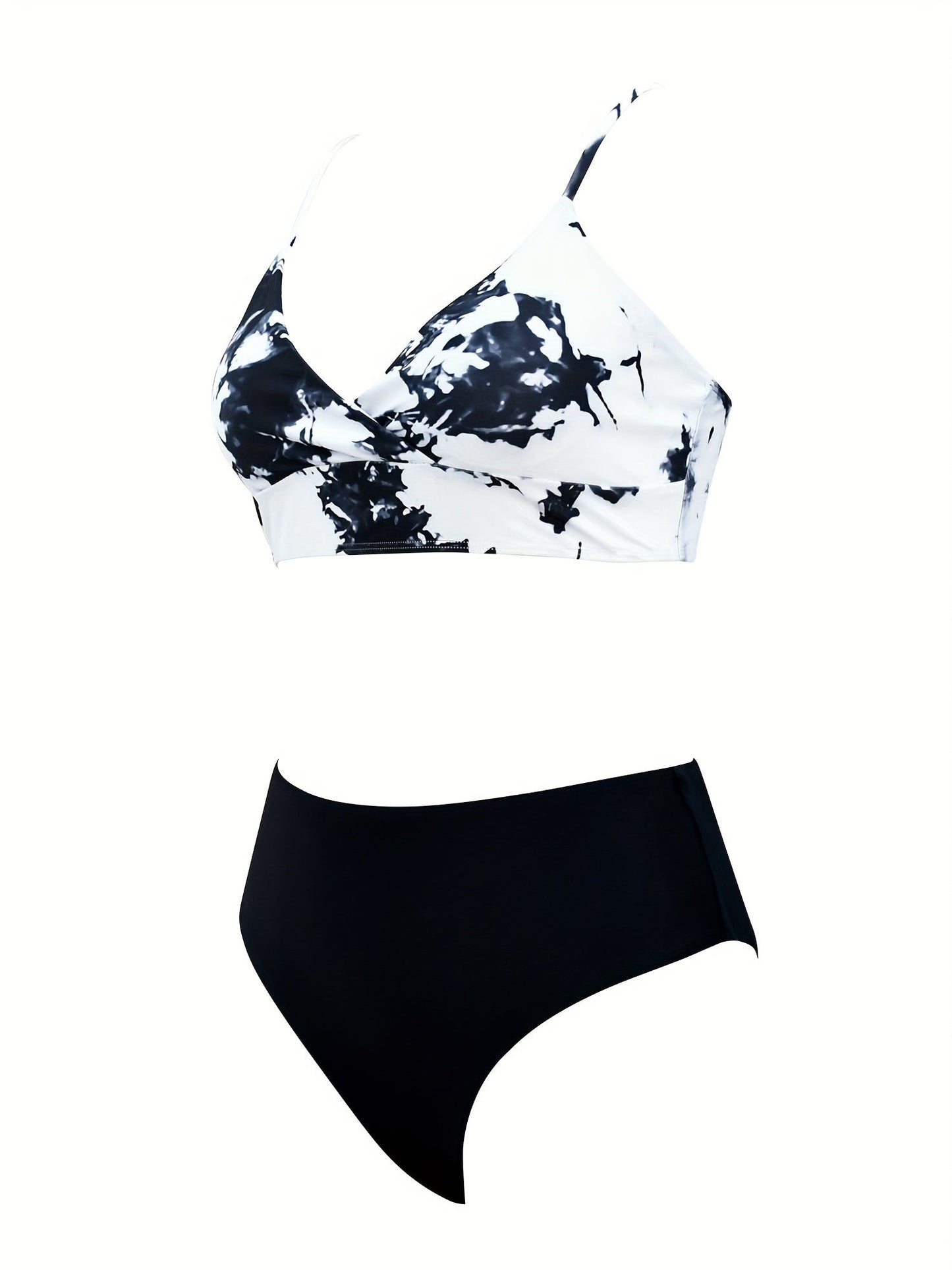 Coastal Flair V-Neck Bikini Set – Eye-Catching Random Print Two-Piece Chic Swimsuit with Spaghetti Straps High Cut Shorts and Ultra-Stretch Comfort – Women’s Summer Swimwear for Beach Days & Casual Poolside Vibes