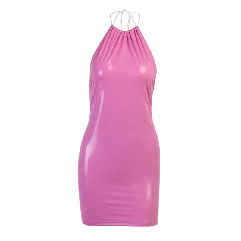 Skinny Bag Hip Halter Back Bright Leather Dress