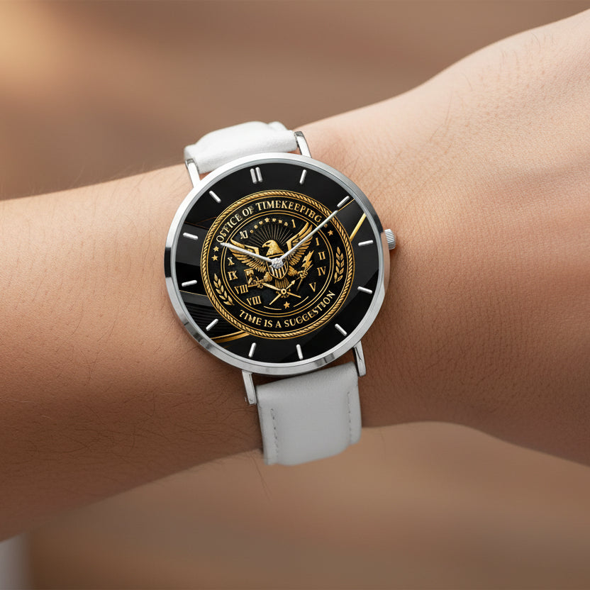 Office of Timekeeping Leather Strap Watch – “Time Is A Suggestion” Emblem – Unisex Gold & Black Dial