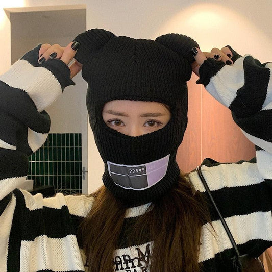 Bear Ears Balaclava Ladies 1 Hole Ski Mask Handmade Crochet Full Face Wooly Hat Cute Girl Winter Streetwear Warm Beanie Knitted Ski Full Face Covering Adult Winter Balaclava for Outdoor Sports Weather Balaclava Ski Mask for Men Windproof Thermal Beanie