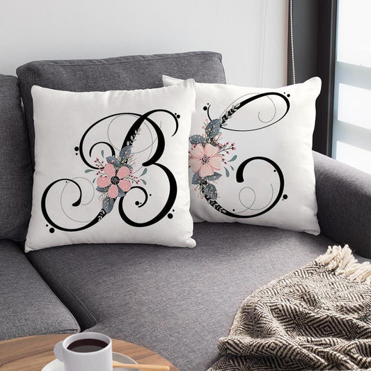 Black Alphabet Flower Print Pillow Cover White Polyester Modern Cushion Cover Decorative Pillowcase For Sofa Bed Chair Car Throw Pillow Covers Decorative Pillow Cases ABC Letter Cushion Covers Square Pillow Protectors Home Decor 45x45cm
