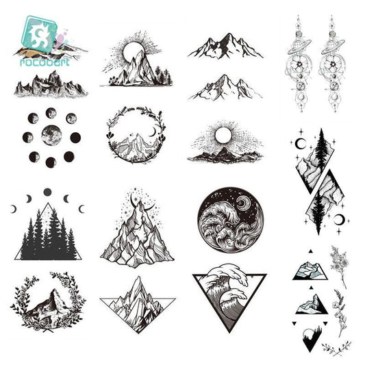 Black Temporary Waterproof Tattoo Sticker Mountains Tree Body Decoration Elegant Stylish Design