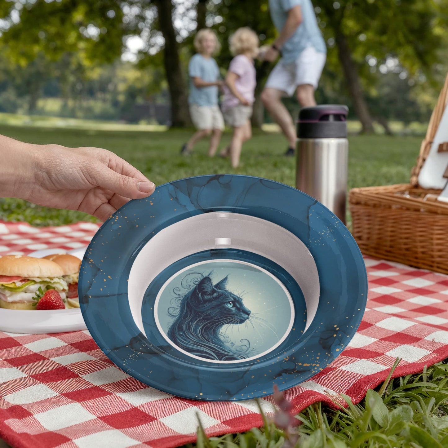 Blue Cat Collectible Bowl with Gold Accents