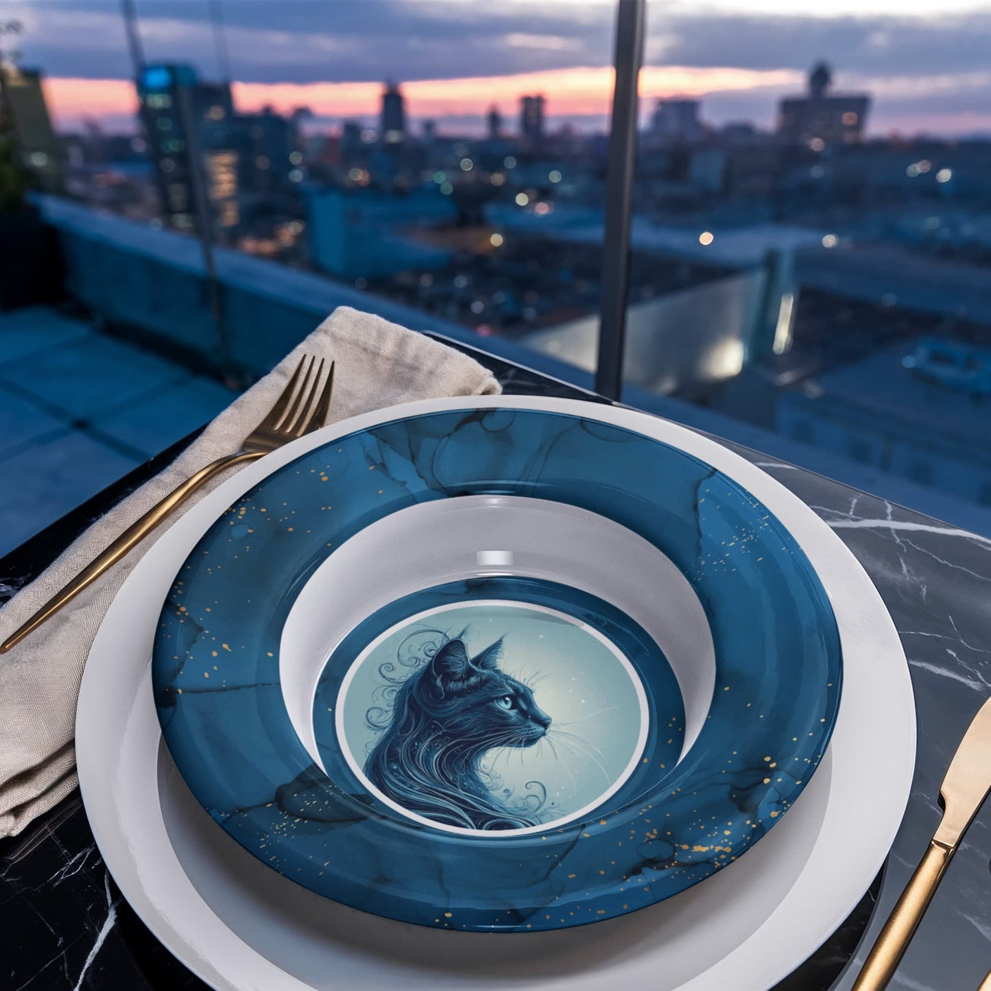Blue Cat Collectible Bowl with Gold Accents
