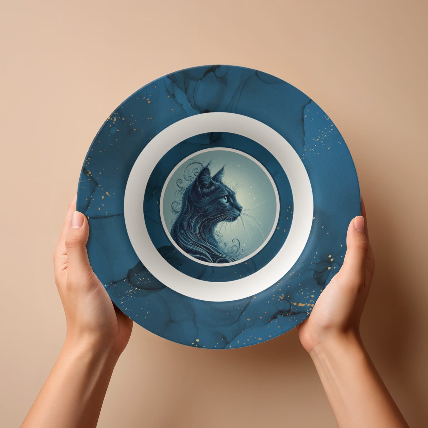 Blue Cat Collectible Bowl with Gold Accents