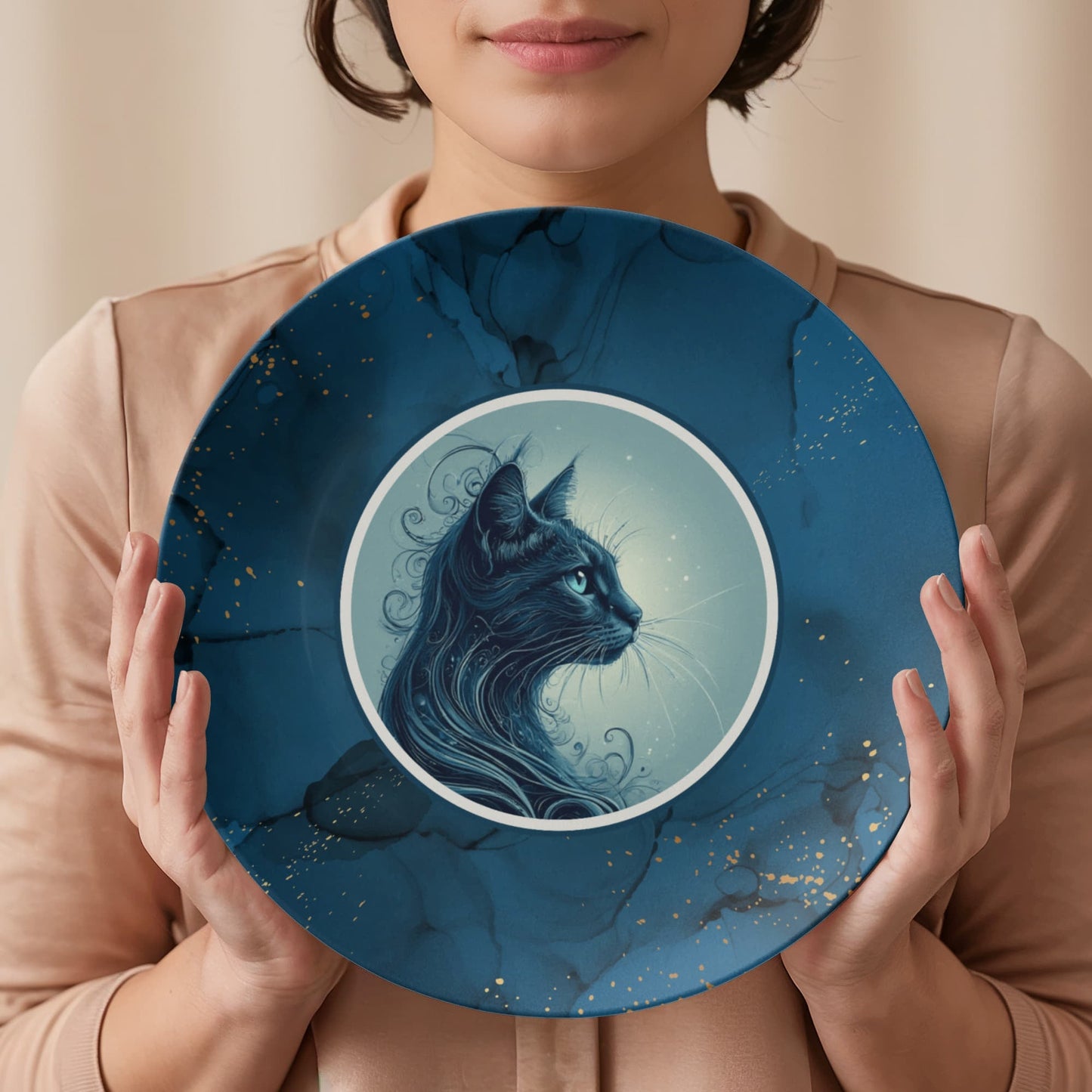 Blue Cat Collectible Plate with Gold Accents