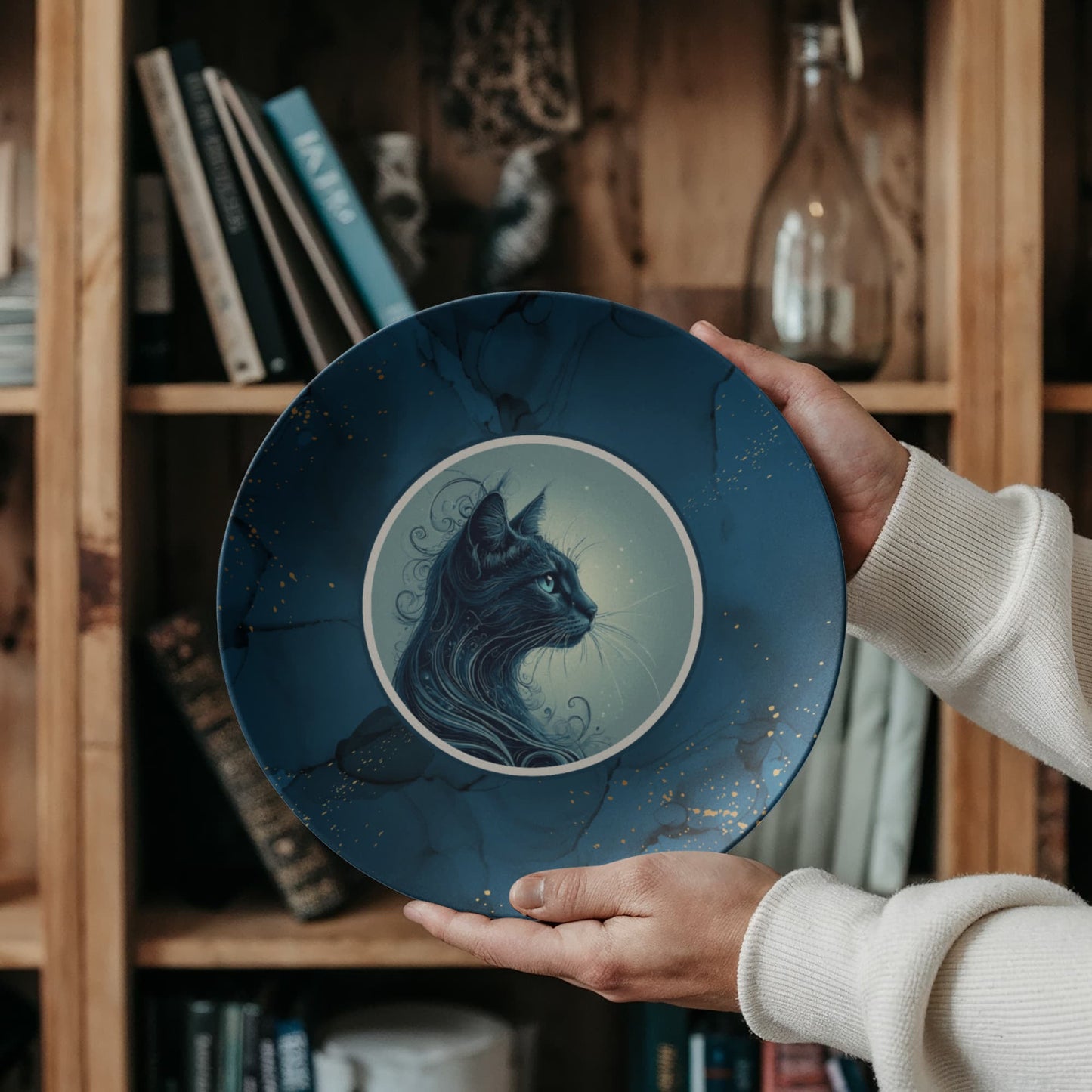 Blue Cat Collectible Plate with Gold Accents