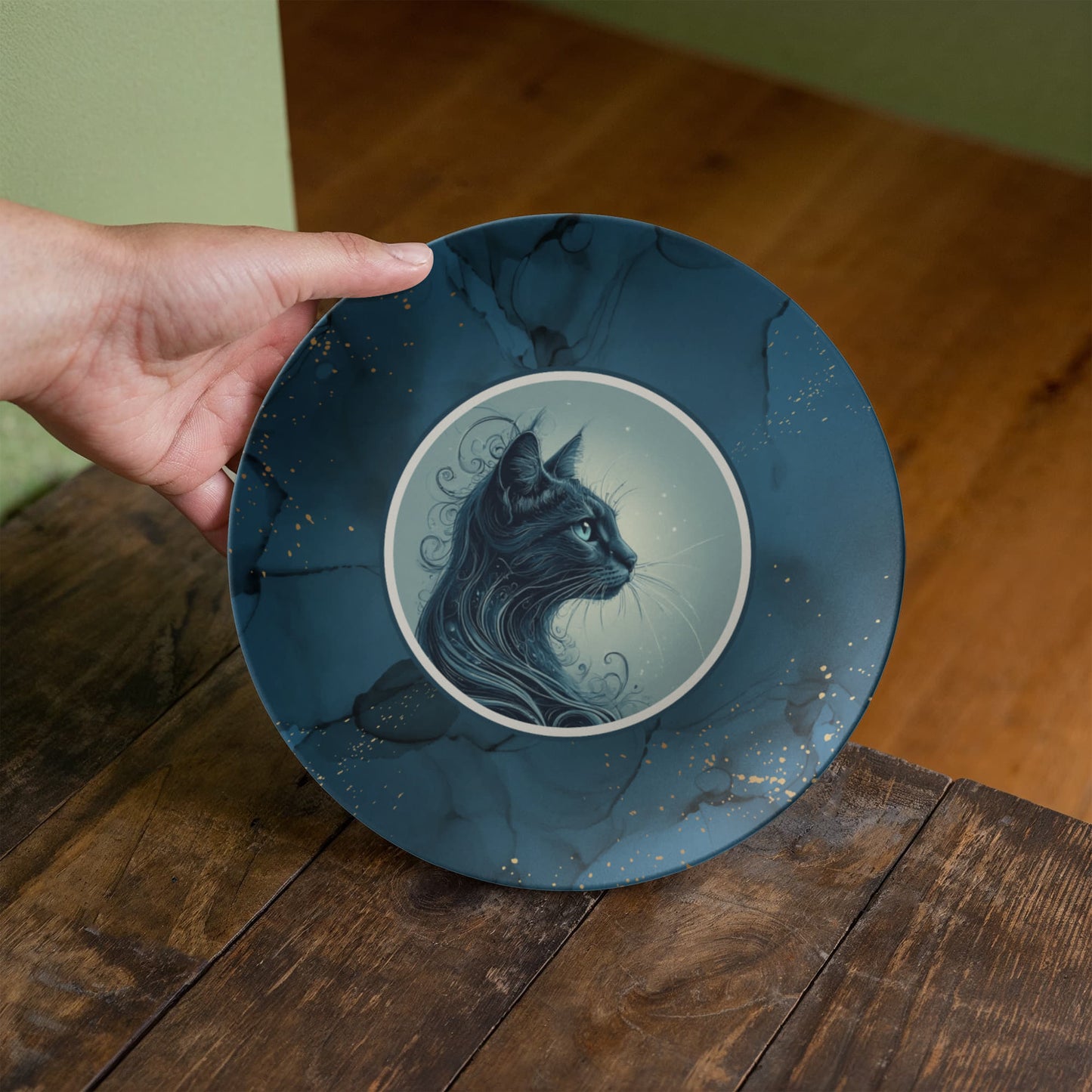 Blue Cat Collectible Plate with Gold Accents