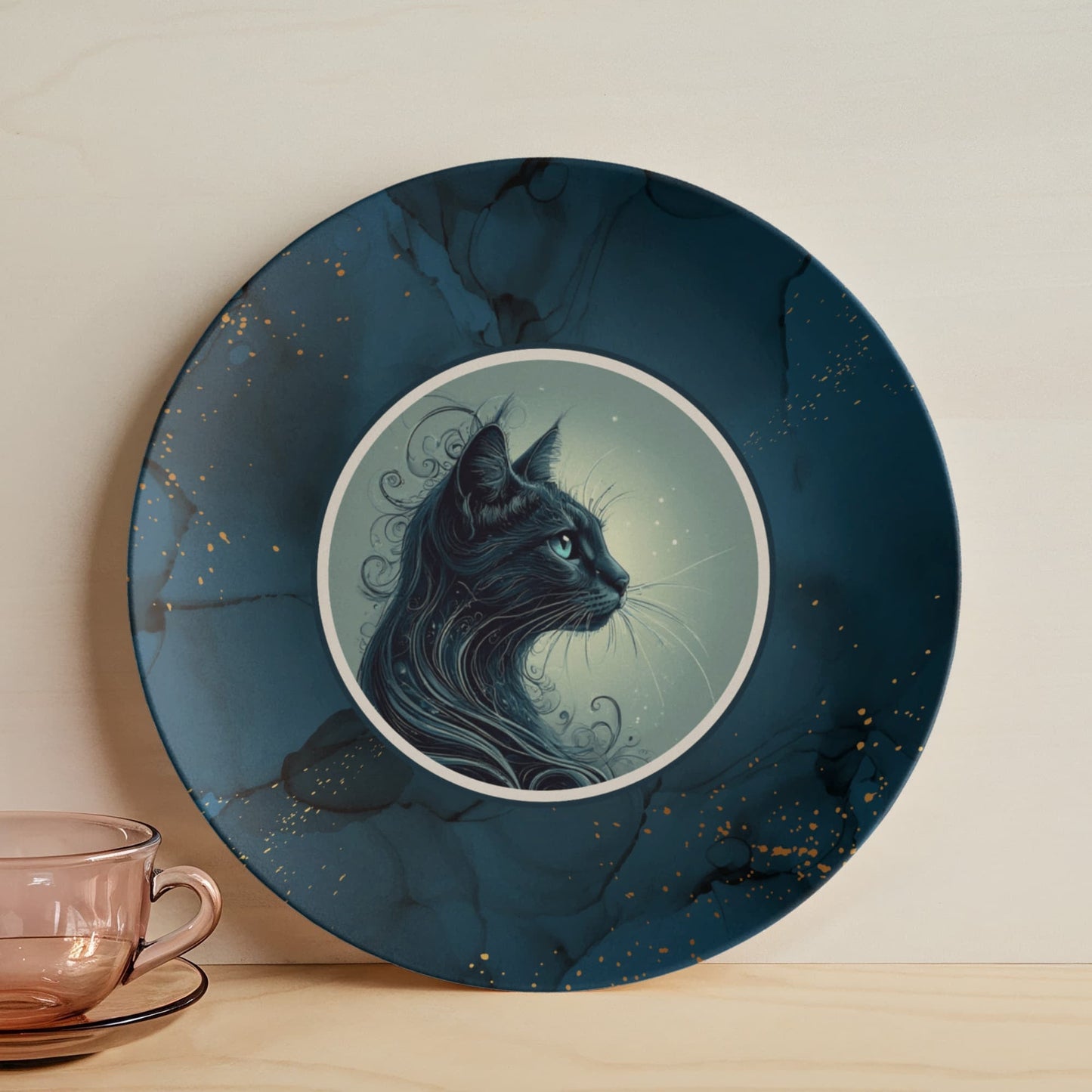 Blue Cat Collectible Plate with Gold Accents