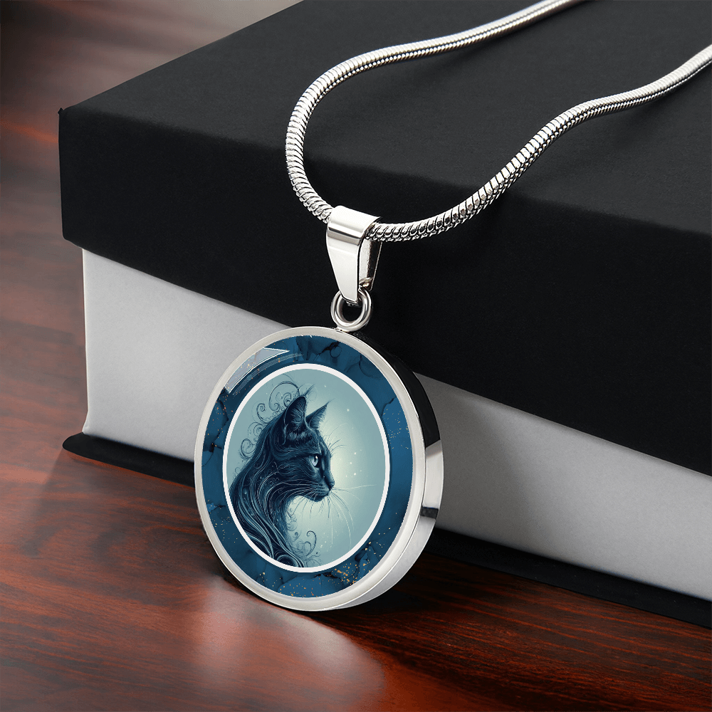 Blue Cat Pendant Necklace with Gold Accents