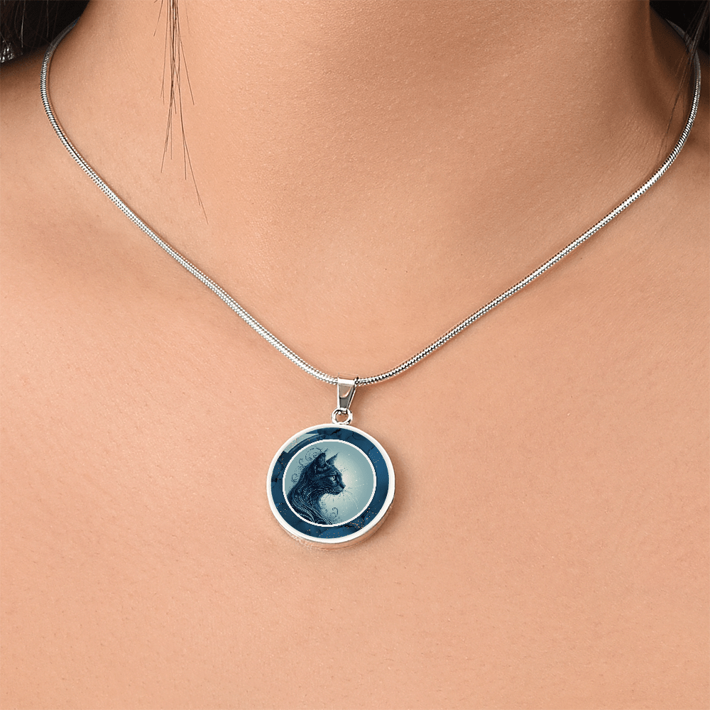 Blue Cat Pendant Necklace with Gold Accents