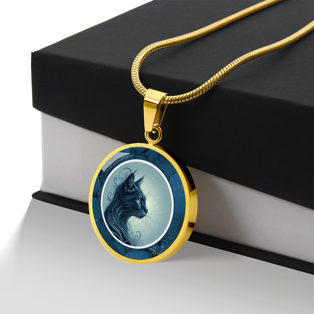 Blue Cat Pendant Necklace with Gold Accents