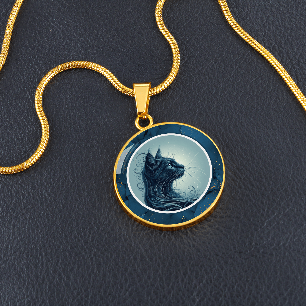 Blue Cat Pendant Necklace with Gold Accents
