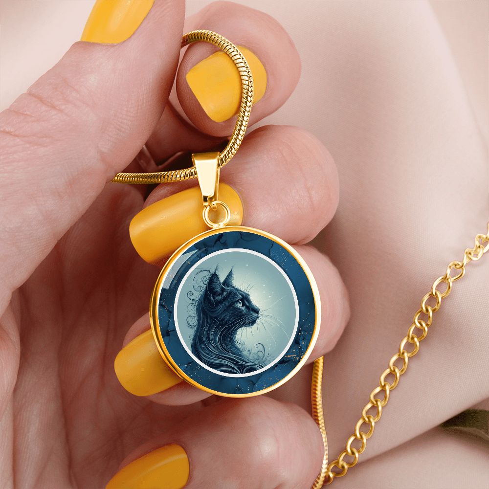 Blue Cat Pendant Necklace with Gold Accents