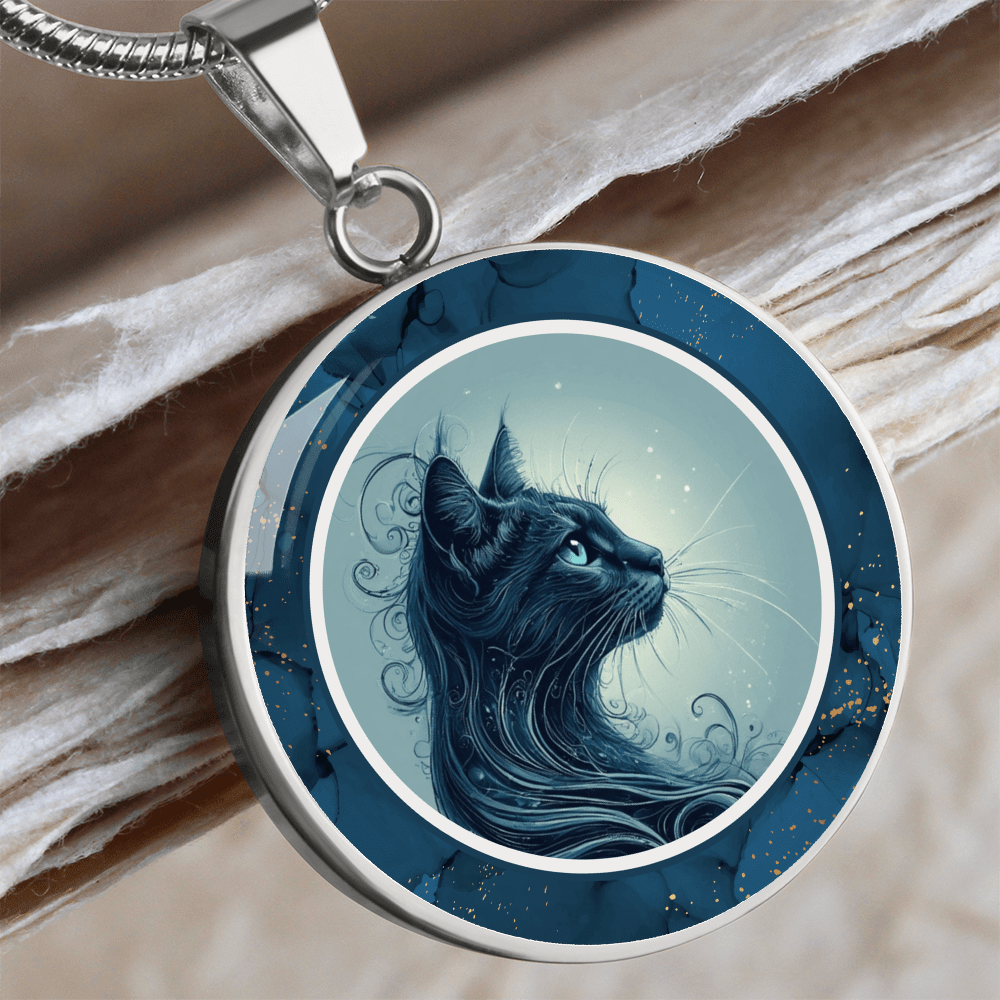 Blue Cat Pendant Necklace with Gold Accents