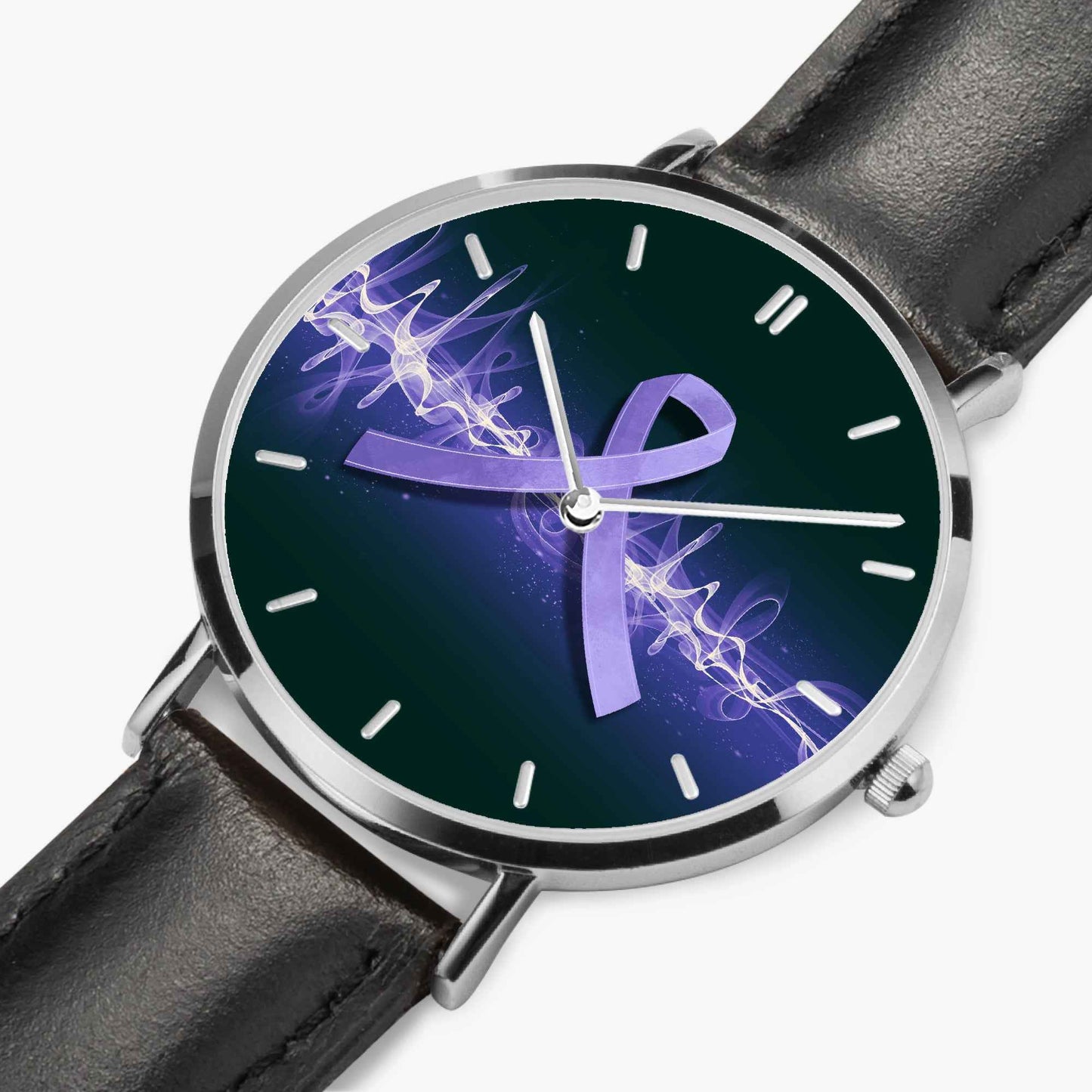 Neurostrong Purple Ribbon Watch – Unisex Stainless Steel Leather Band Timepiece
