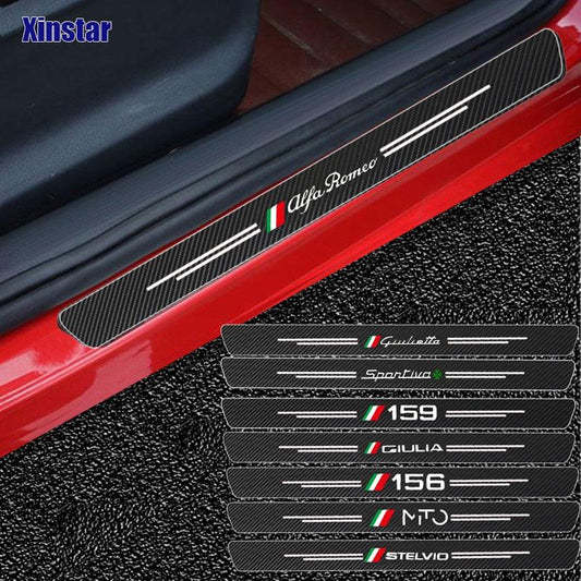 Carbon Fiber Car Door Sticker Carbon Fiber Entry Guard Decal Sticker Carbon Fiber Front Rear Scuff Plate Guard Car Door Sill Protector Sticker Suit Door Sill Decoration Welcome Pedal Protector Cover For Auto Accessories