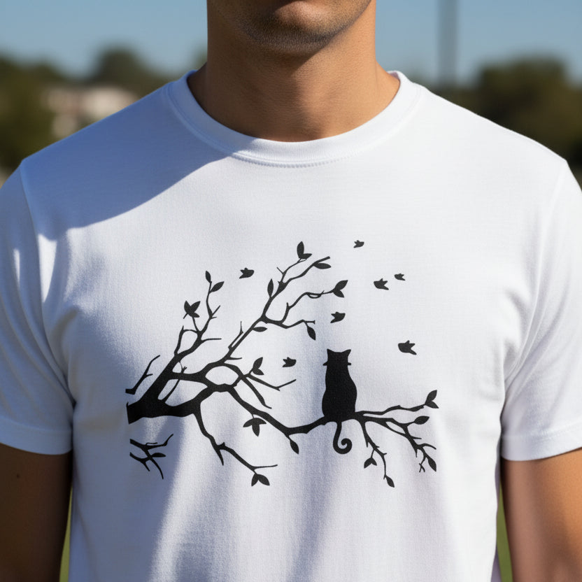 Quiet Cat Windy Branch Tee | Minimalist Cat Silhouette Shirt