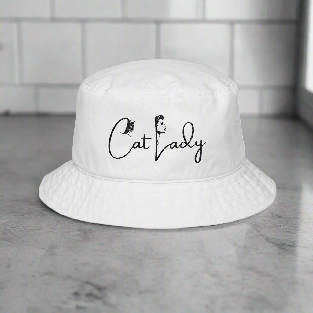 Cat Lady Bucket Hat - Embroidered White Sun Hat for Cat Lovers