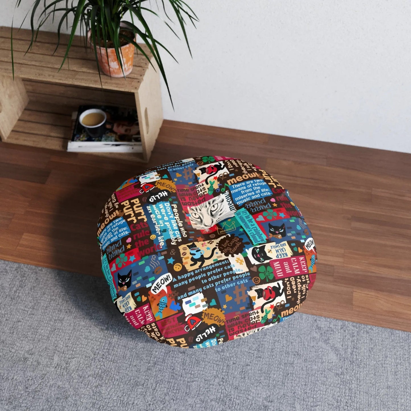 Cat Lover Tufted Floor Pillow - Round Decorative Cushion with Fun Cat Quotes