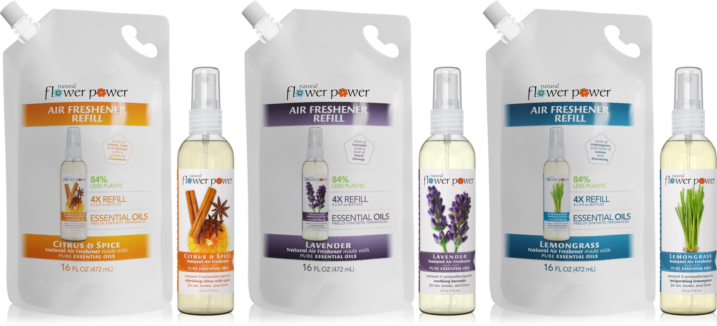 Natural Flower Power Air Freshener Spray | Citrus & Spice 4 Fl Oz | Pack of 2 | Scented w/Pure Essential Oils | Non-Aerosol Plant-Based Odor Eliminator | Room Linen or Car Spray| Cruelty-Free