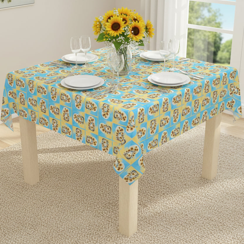 Cheerful Sunflower Kitty Tablecloth for Dining