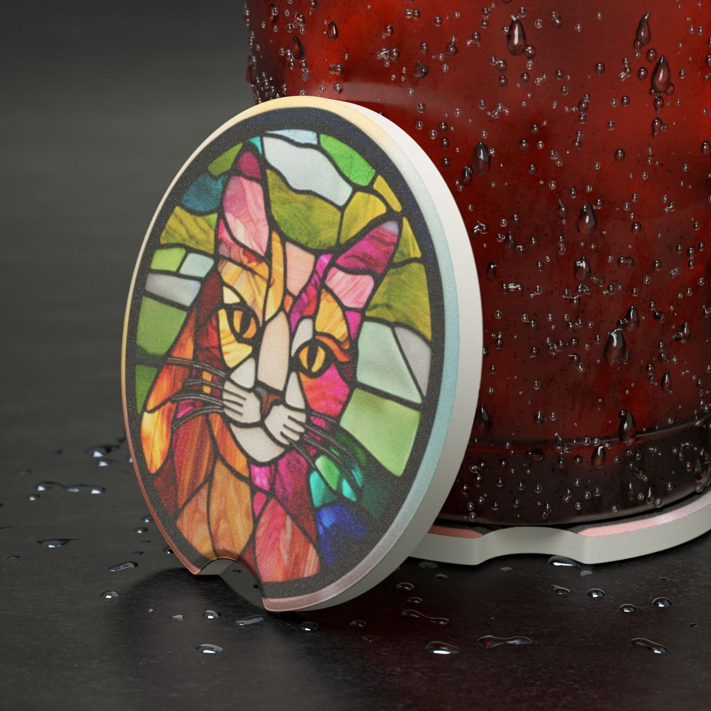Stained Glass Cat Car Coasters | Absorbent Soapstone Cup Holder Coasters