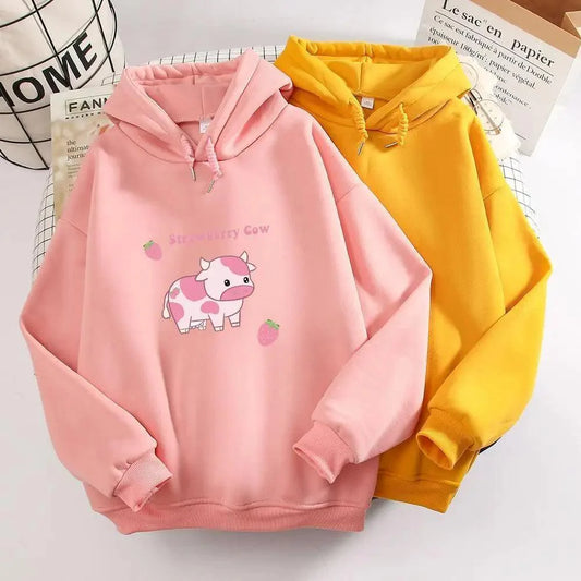 Cool Cow Print Hoodie Strawberry Casual Pullover Oversized Sweatshirt Pullover Sweatshirts for Women Cute Strawberry Cow Print Hoodie Casual Top Aesthetic Clothes For Women Funny Hoodies
