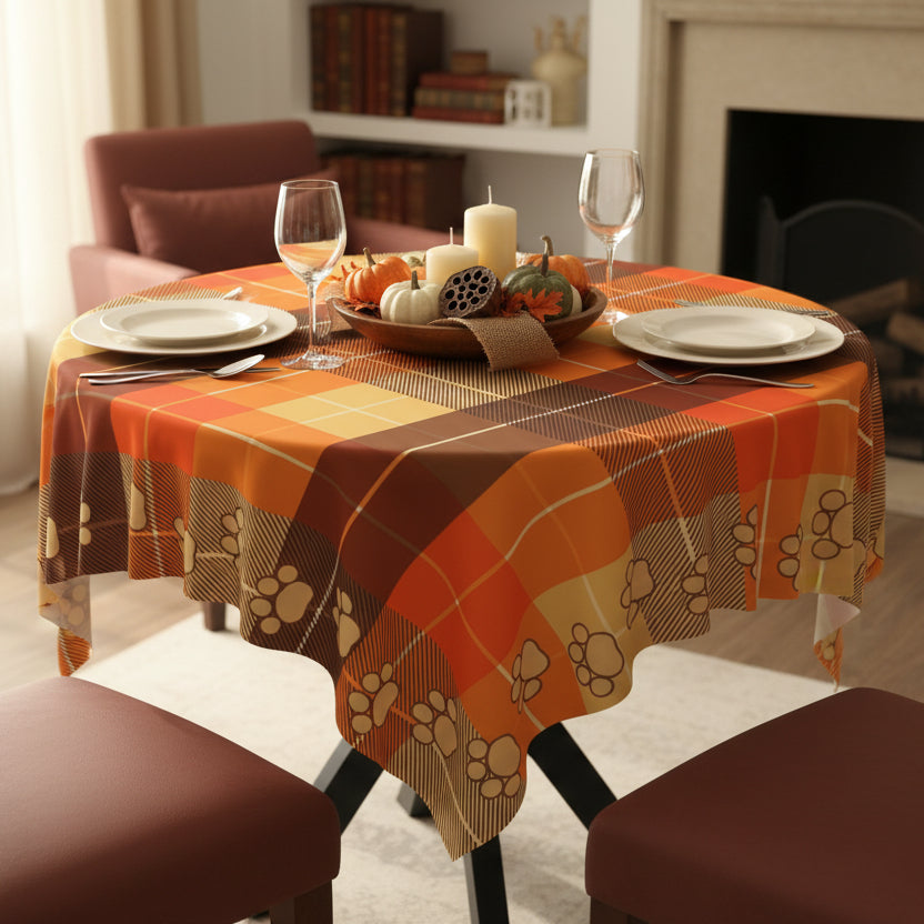 Autumn Plaid Tablecloth with Paw Prints
