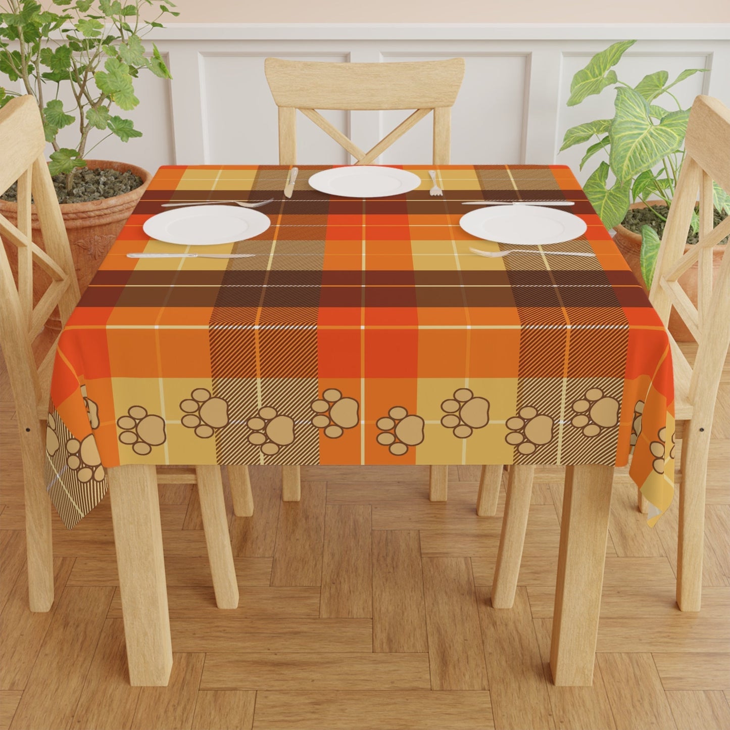 Autumn Plaid Tablecloth with Paw Prints