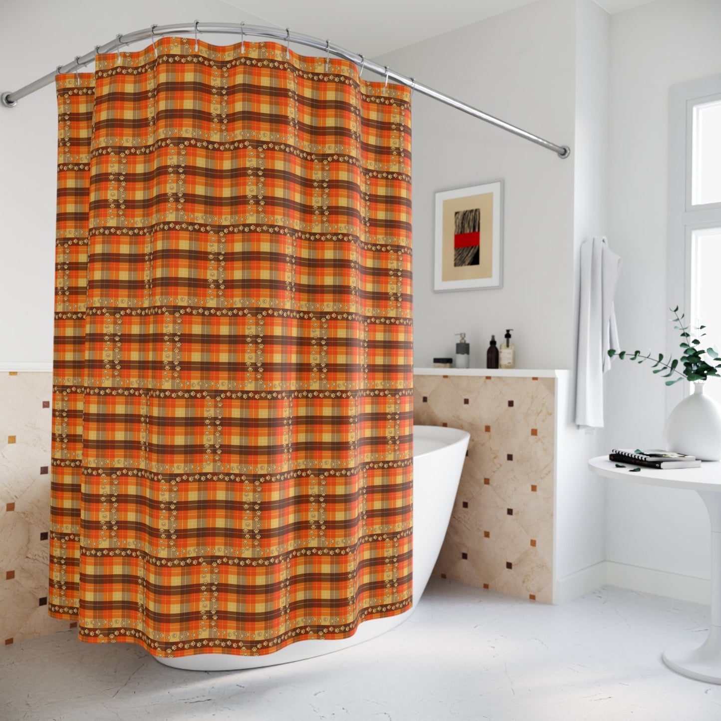 Cozy Plaid Shower Curtain with Paw Prints