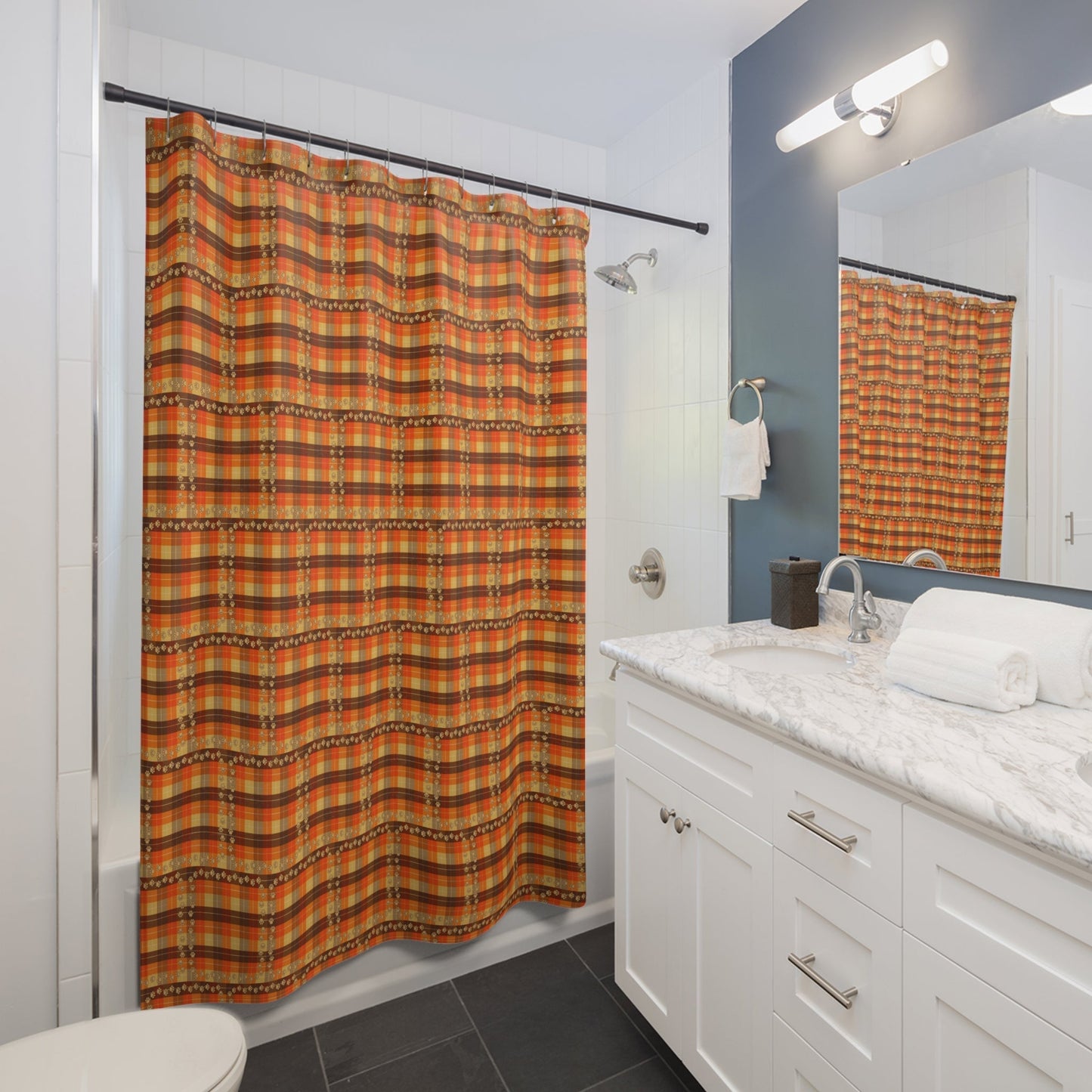 Cozy Plaid Shower Curtain with Paw Prints