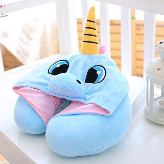 Cute Unicorn Hood Neck U Pillow Decorative Blue Pink Soft Office Nap Cushion Cute Cartoon Doll Plush Toy Gift for Children Kid Unicorn Hooded Animal Travel Neck Pillow Polyester Neck Pillow Support Cushion Unicorn Hoodie Funny Gifts for Children Women
