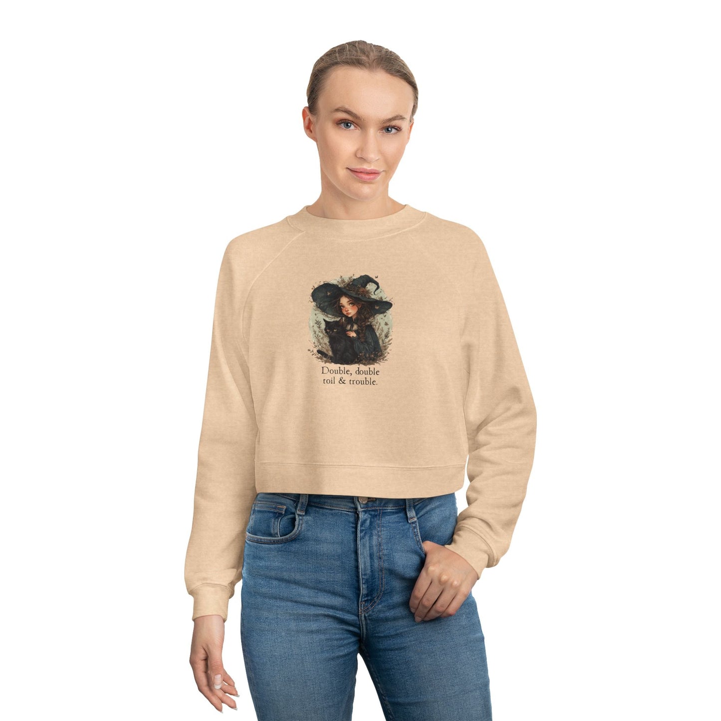 Cute Witchy Cat Lady Cropped Sweatshirt for Women - Halloween Pullover