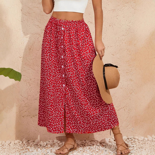 European And American Printed Breasted Self-tie Summer Pastoral A- Line Skirt Advanced Skirt