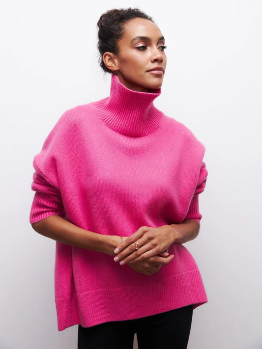 Vibrant Pink Oversized Turtleneck Knit Sweater | Women's Fuchsia High-Neck Party Pullover