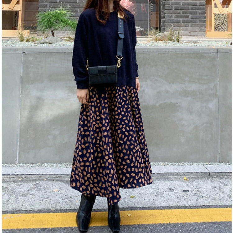 Plus Size Women's Long-sleeved T-shirt Stitching Print Big Swing Dress