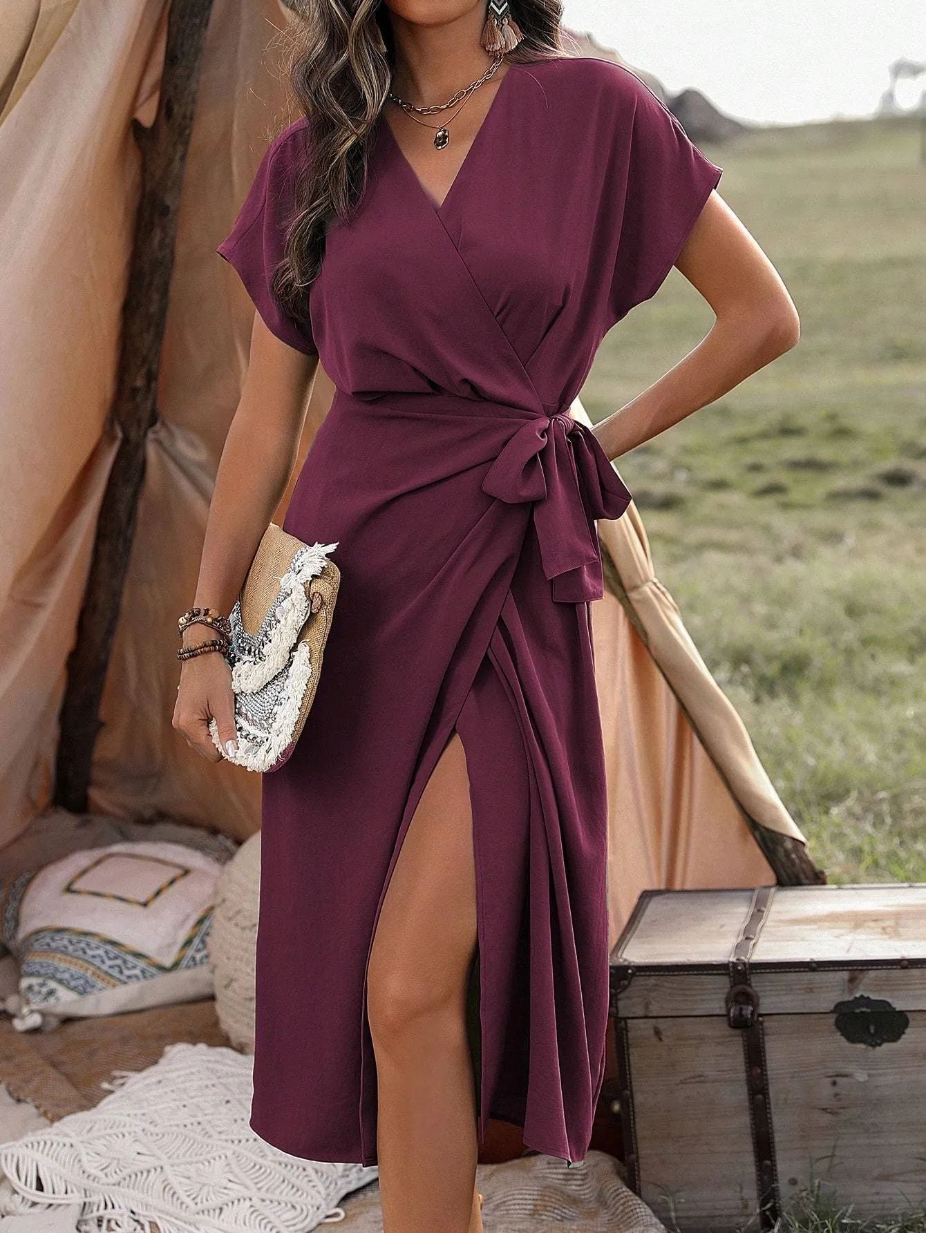 Commuting Fashion Forged Split Women's Solid Color Wrap Suspender Dress