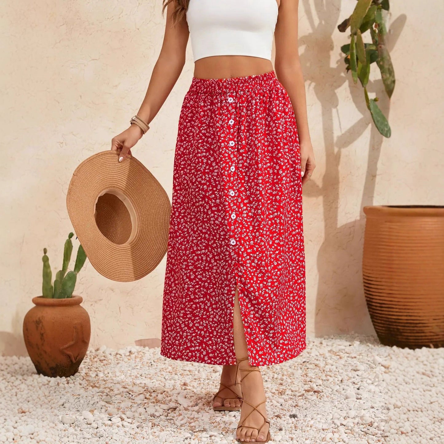 European And American Printed Breasted Self-tie Summer Pastoral A- Line Skirt Advanced Skirt