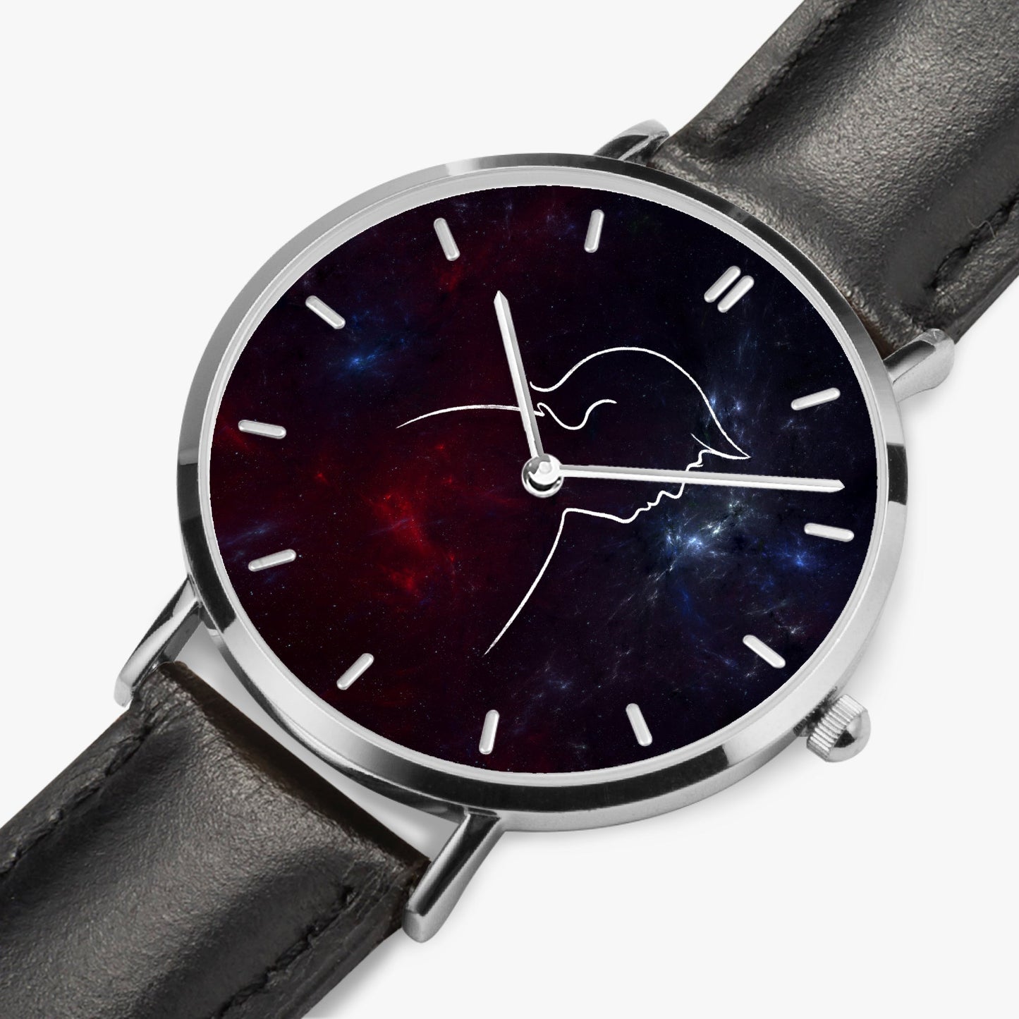 Cosmic Profile Watch – Galaxy Line Art Unisex Leather Band Timepiece