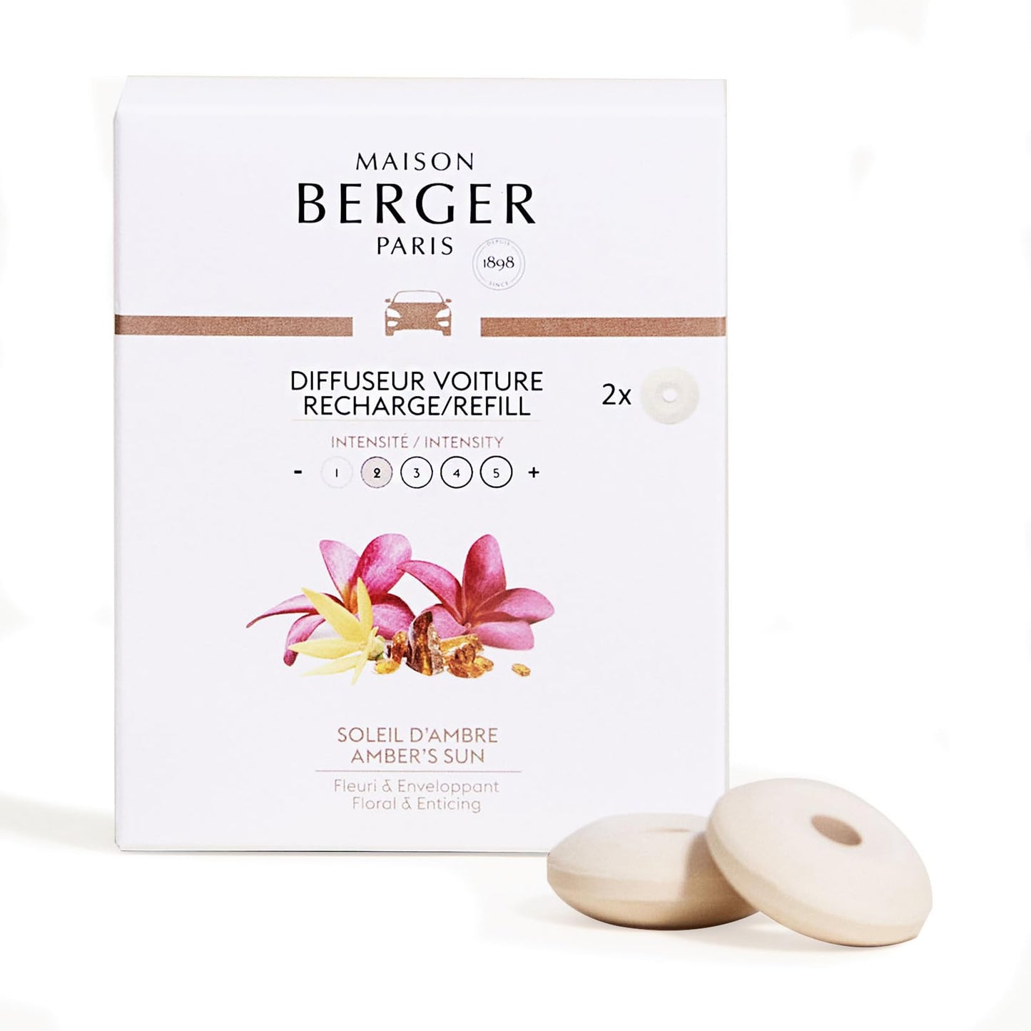 Set of 2 Ceramic Pods for Refillable Car Air Freshener Vent Clip Diffuser - 4/6 Weeks Diffusion Time - Maison Berger Fragrance and Scent - Amber’s Sun - Made in France