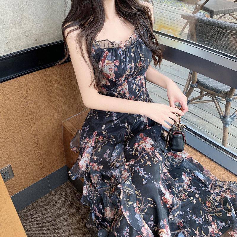 Printed A-line Skirt Summer New Product Temperament Was Thin Suspender Skirt