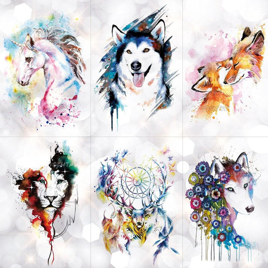 Elegant Animal Waterproof Tattoo Unicorn Fox Wolf Temporary Sticker Animals Modern Colorful Design